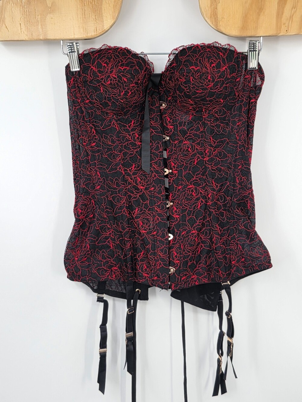 Savage X Fenty Size Large L Black Red Floral Lace Corset Bustier Garter Lingerie